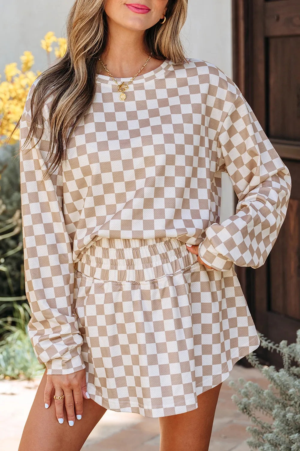 Checkered Long Sleeve Top and Skirt Two-Piece Set Trendsi