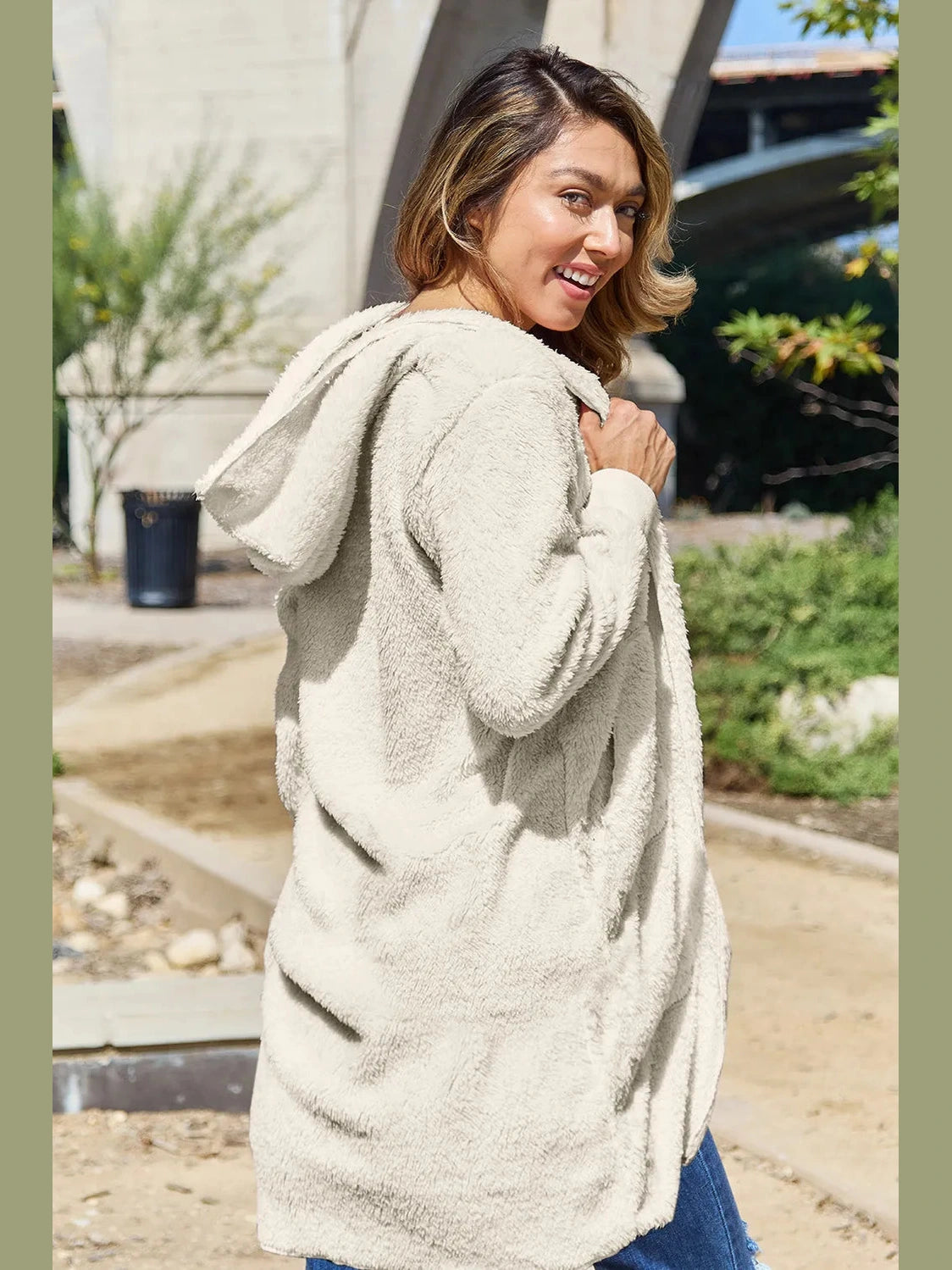 Double Take Full Size Hooded Teddy Bear Jacket with Thumbholes nicholesgifts