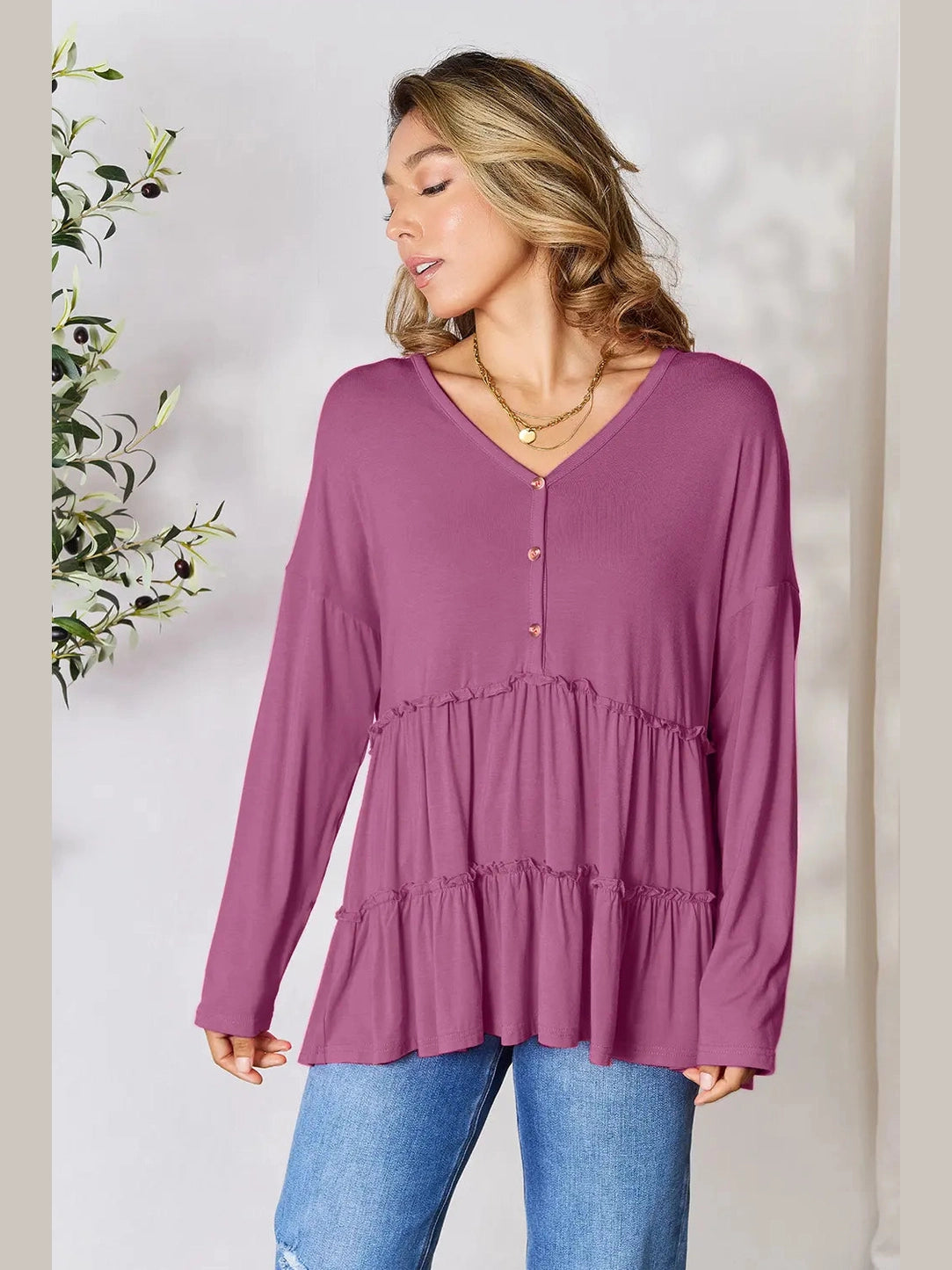 Double Take Half Button Long Sleeve Ruffle Hem Blouse nicholesgifts
