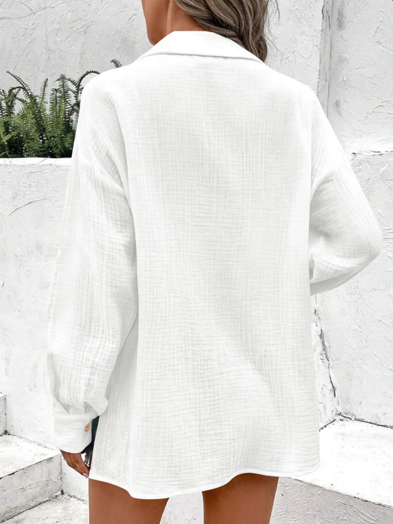 Texture Button Down Side Slit Long Sleeve Shirt NicholesGifts