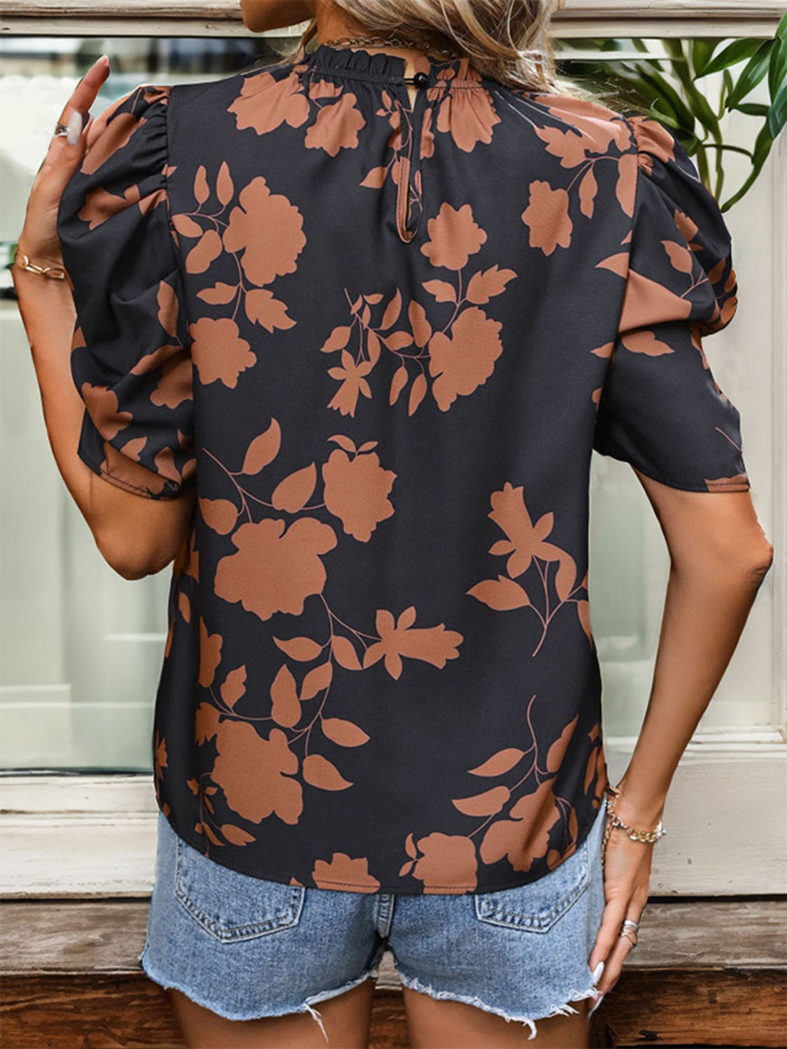 Frill Printed Round Neck Puff Sleeve Blouse nicholesgifts