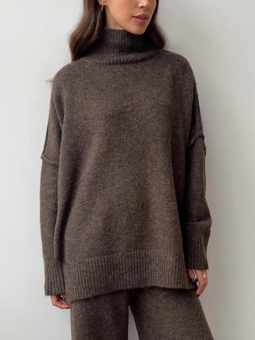 Slit Turtleneck Long Sleeve Top and Pants Sweater Set nicholesgifts