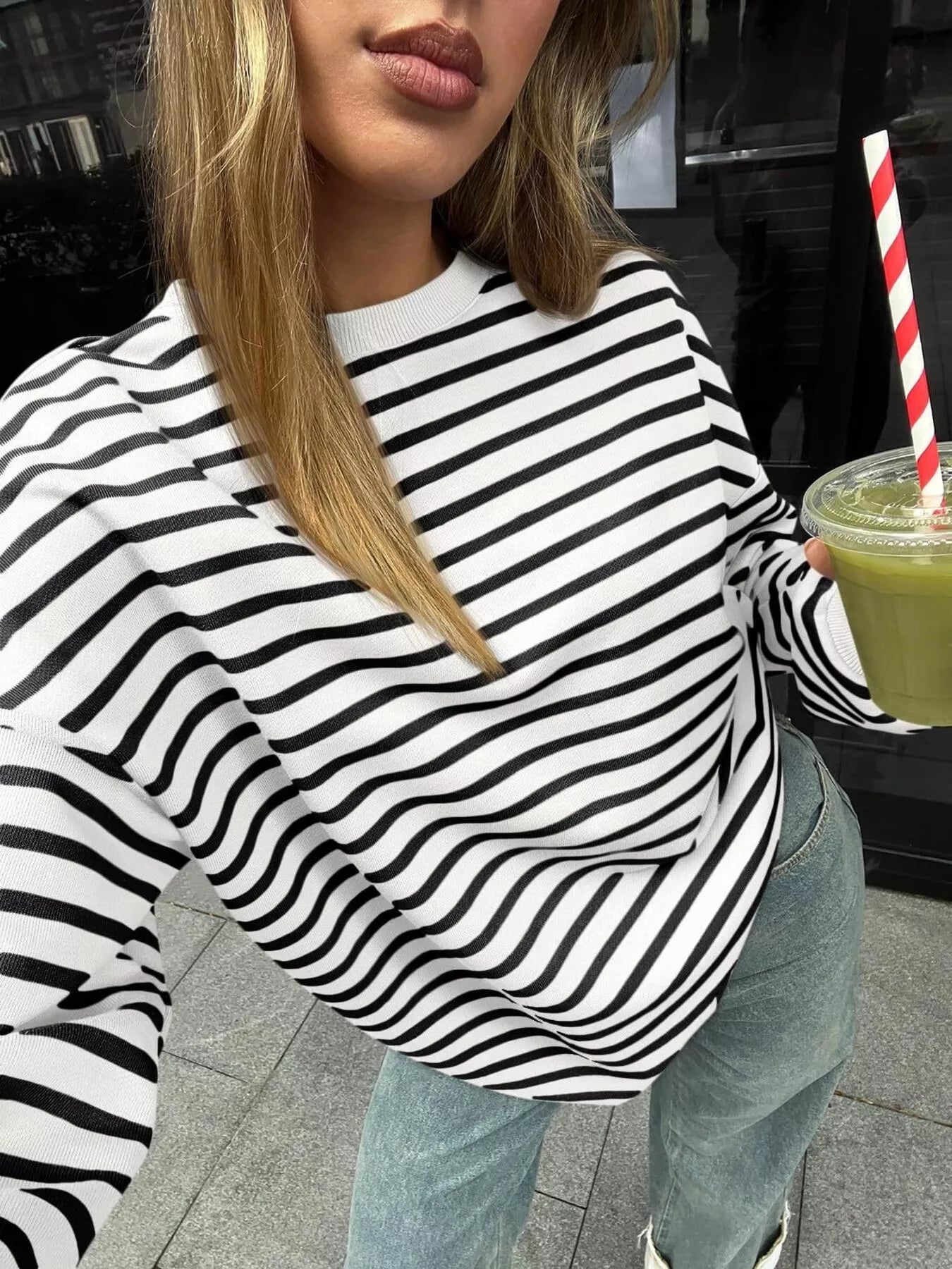 Striped Round Neck Oversized Casual Sweatshirt Trendsi