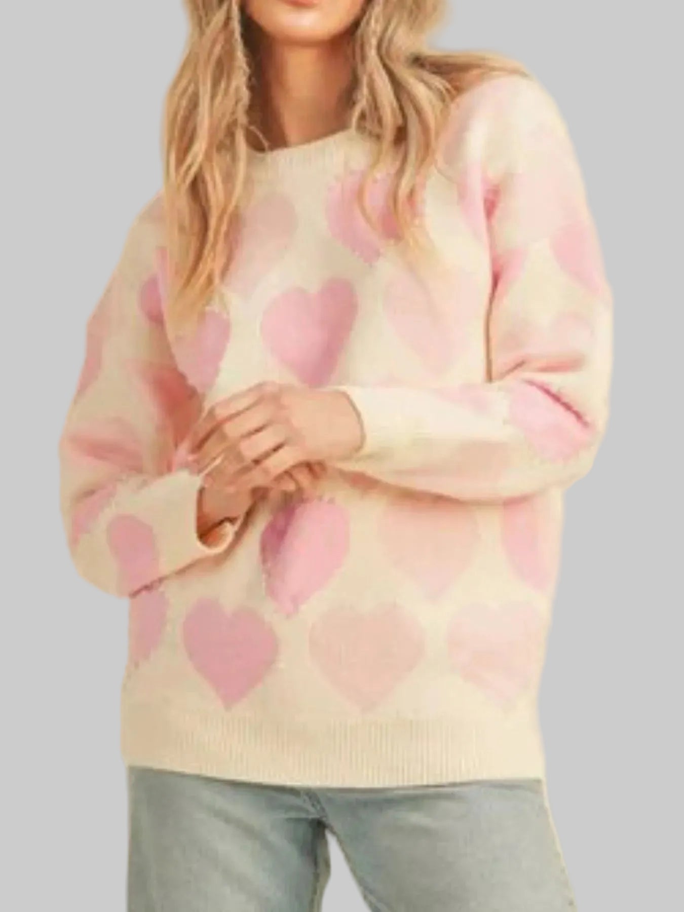 Women Heart Ribbed Hem Long Sleeve Sweater For Valentine's Day Gift For Her nicholesgifts