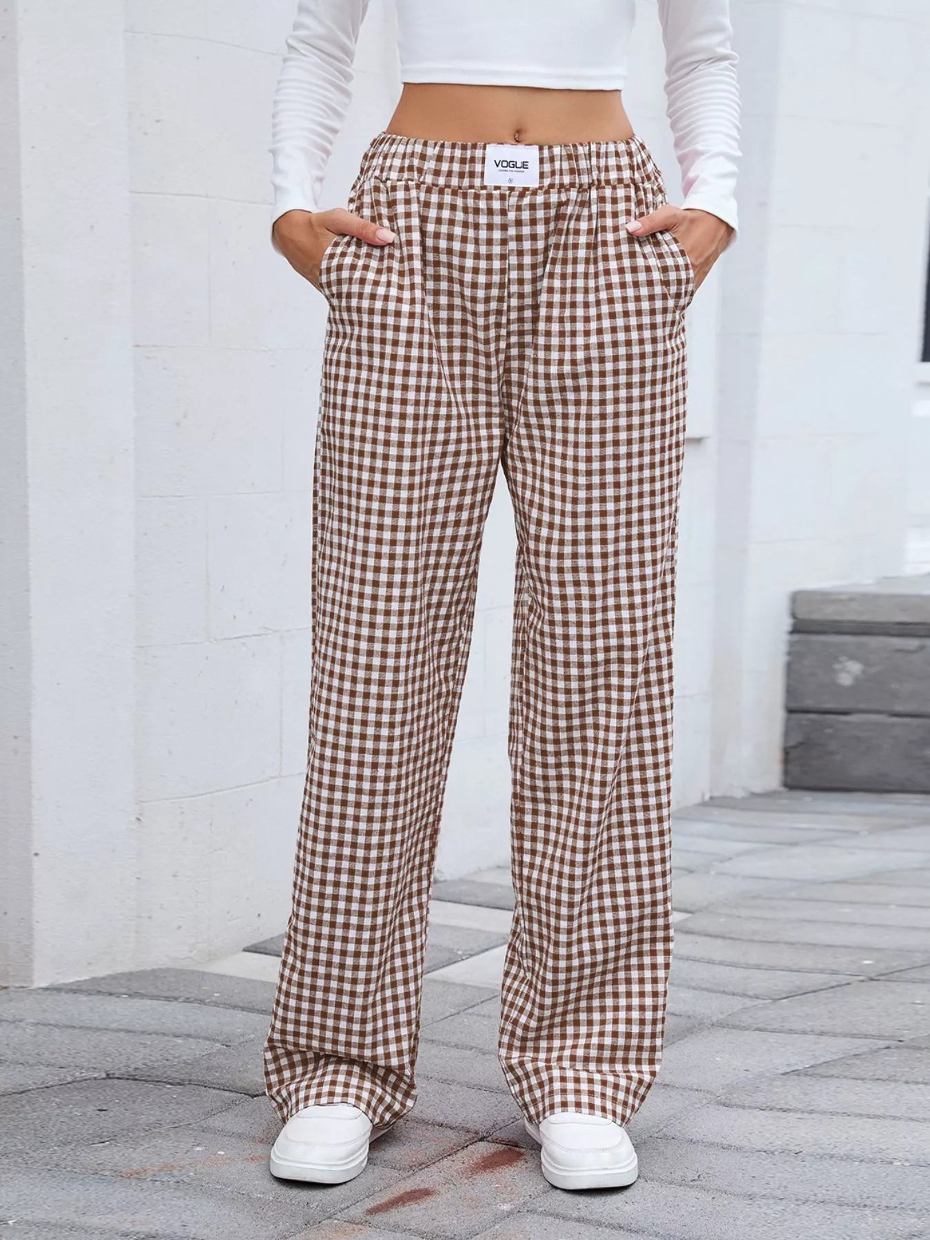 Women Plaid Wide Leg Casual Pants nicholesgifts