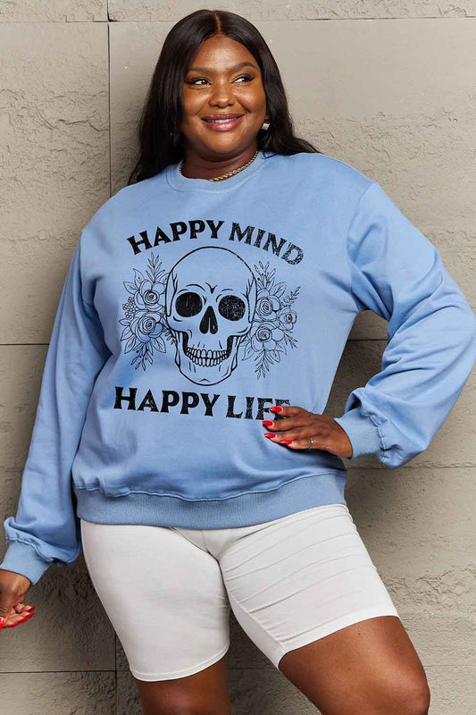 Simply Love Simply Love Full Size HAPPY MIND HAPPY LIFE SKULL Graphic Sweatshirt NicholesGifts