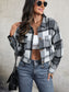Women Perfee Plaid Button Up Drop Shoulder Cropped Jacket nicholesgifts