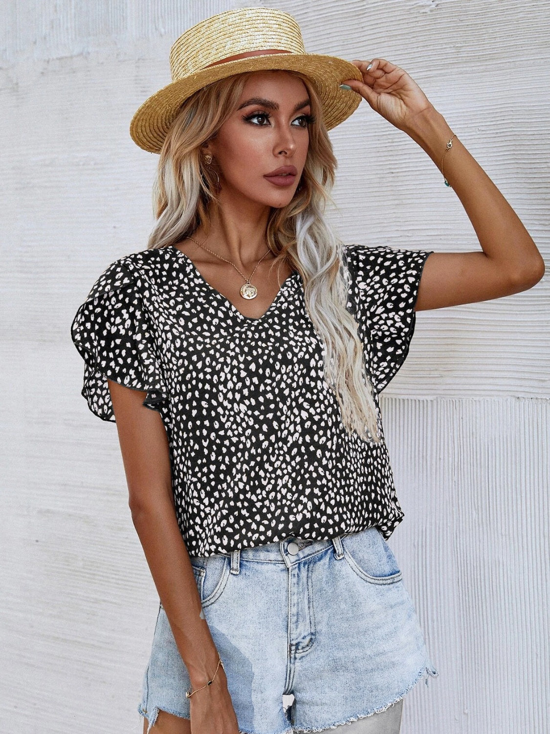 Women Printed V-Neck Petal Sleeve Blouse nicholesgifts