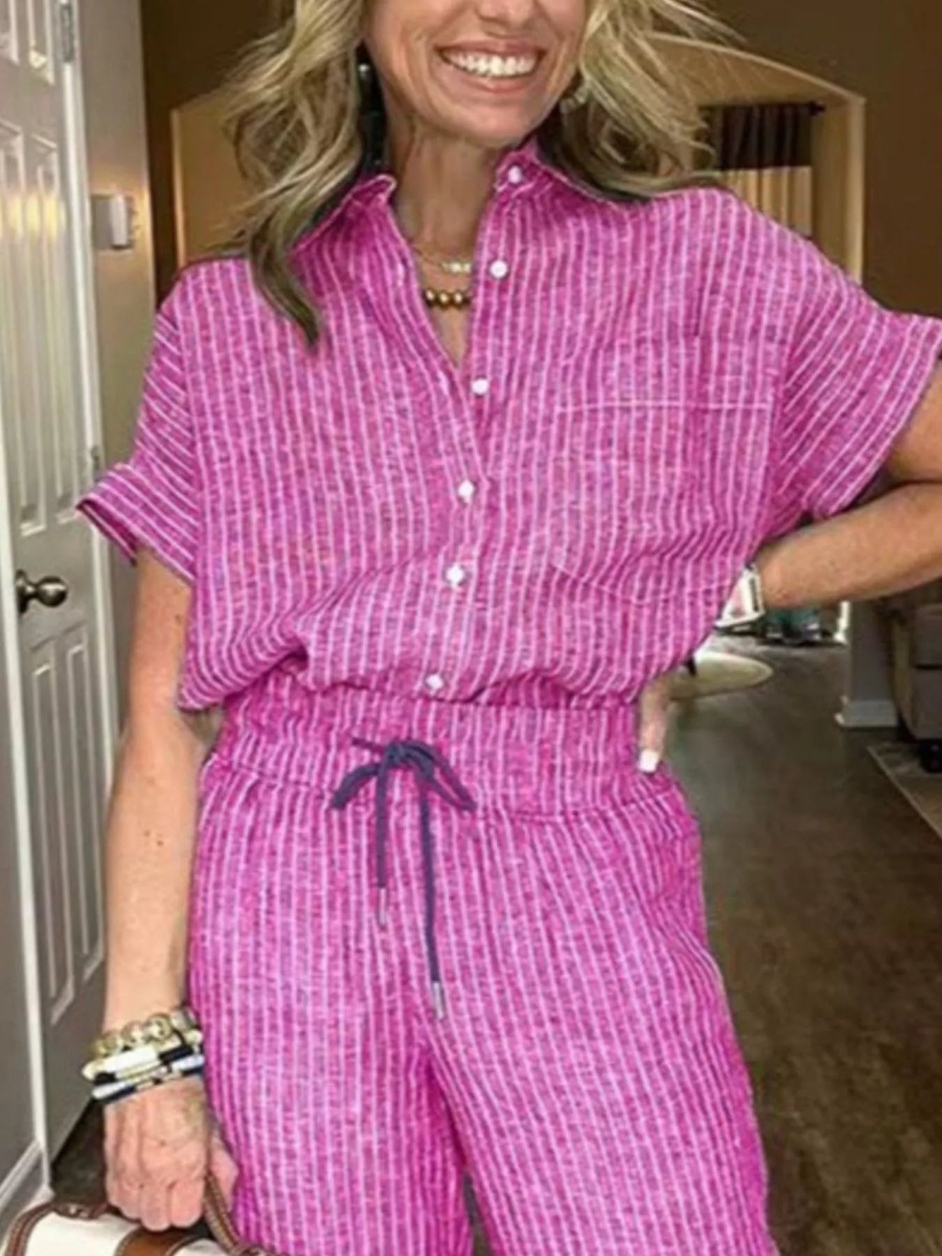 Full Size Striped Button-Up Shirt and Wide Leg Pants Casual Set Plus Size Trendsi