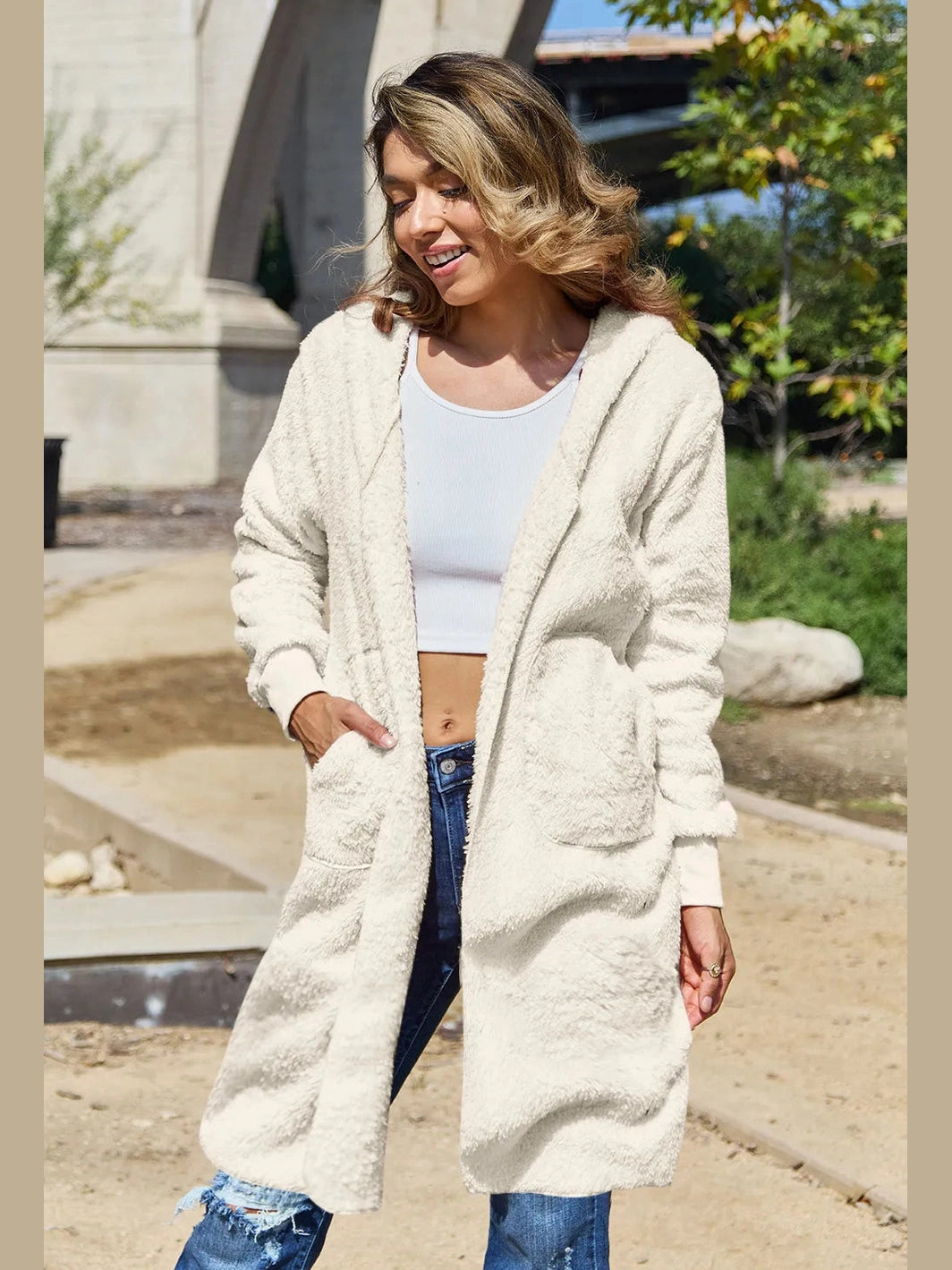 Double Take Full Size Hooded Teddy Bear Jacket with Thumbholes nicholesgifts