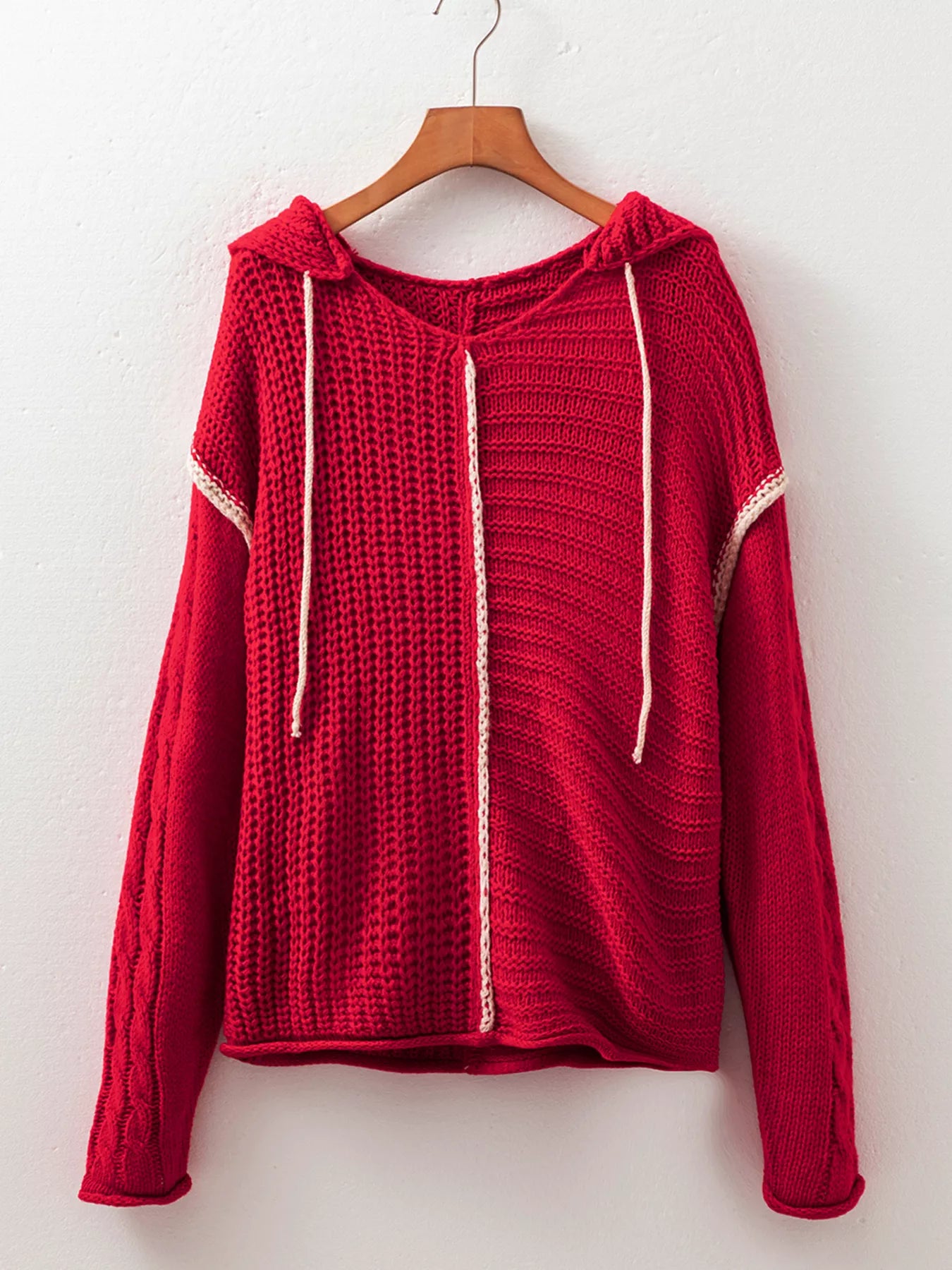 Contrast Trim Textured Knit Drawstring Hooded Sweater