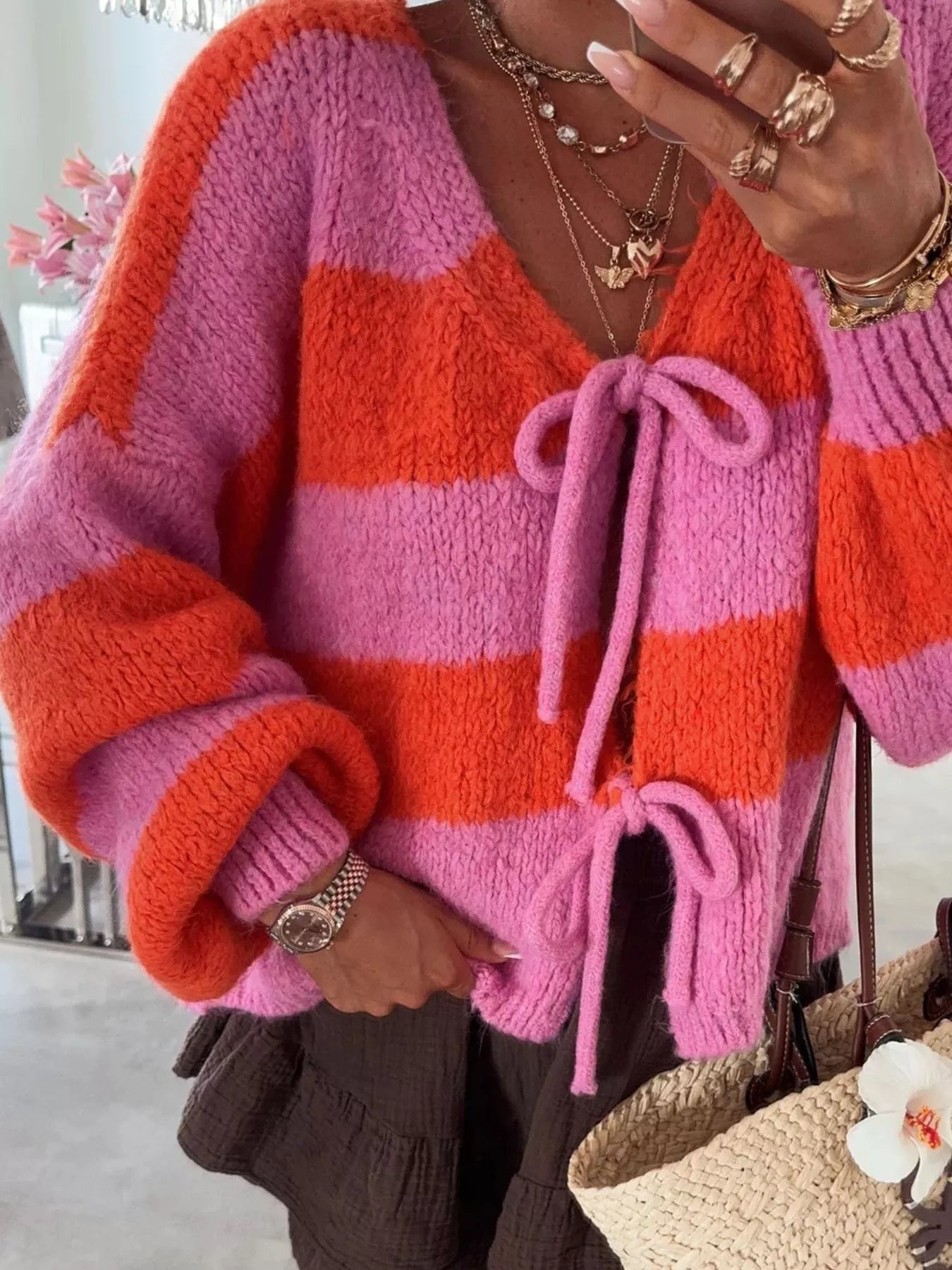 Striped Tie-Front Knit Cardigan Trendsi