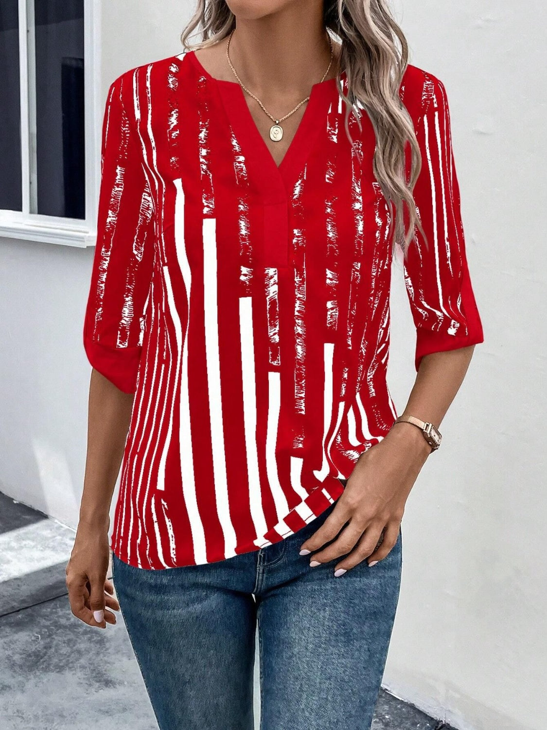 Striped Notched Half Sleeve Blouse nicholesgifts