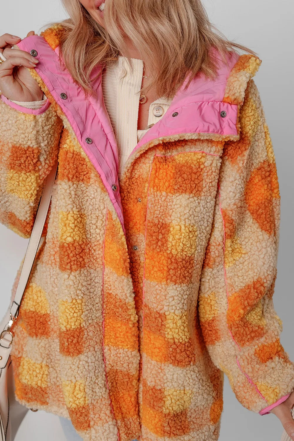 Checkered Long Sleeve Sherpa Hooded Jacket Trendsi