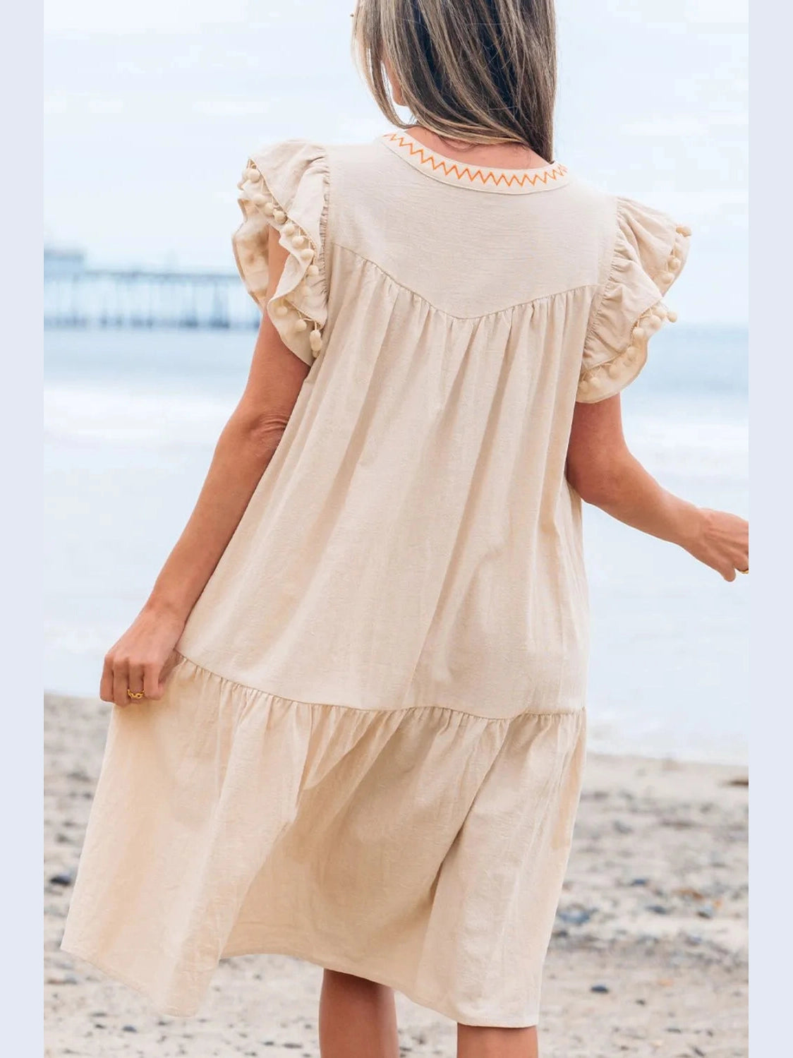 Floral Embroidery Pom Pom Ruffle Sleeves Mini Dress NicholesGifts