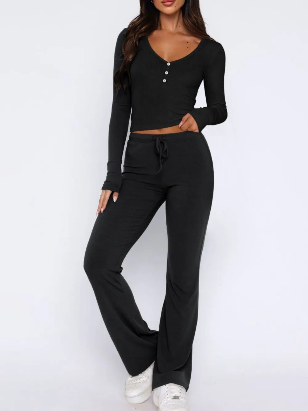 V-Neck Long Sleeve Top and Pants Set nicholesgifts