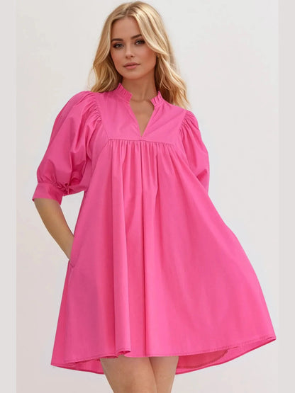 Oh Frill Notched Puff Sleeve Babydoll Mini Dress nicholesgifts