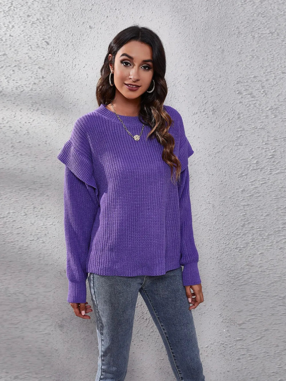 Ruffled Round Neck Dropped Shoulder Sweater Trendsi