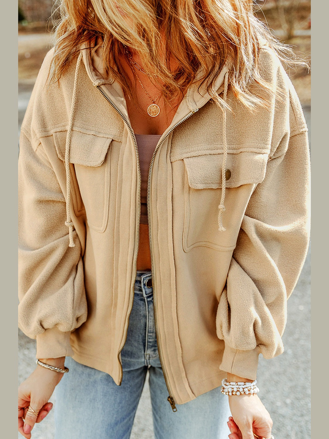 Zip-Up Drawstring Hooded Jacket nicholesgifts