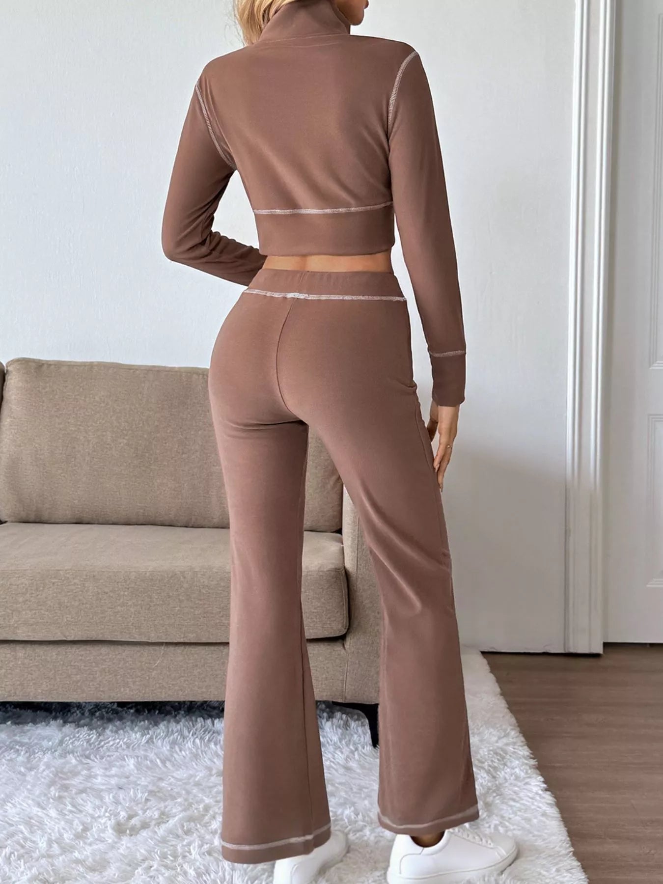 Zip Up Long Sleeve Top and Pants Set Trendsi