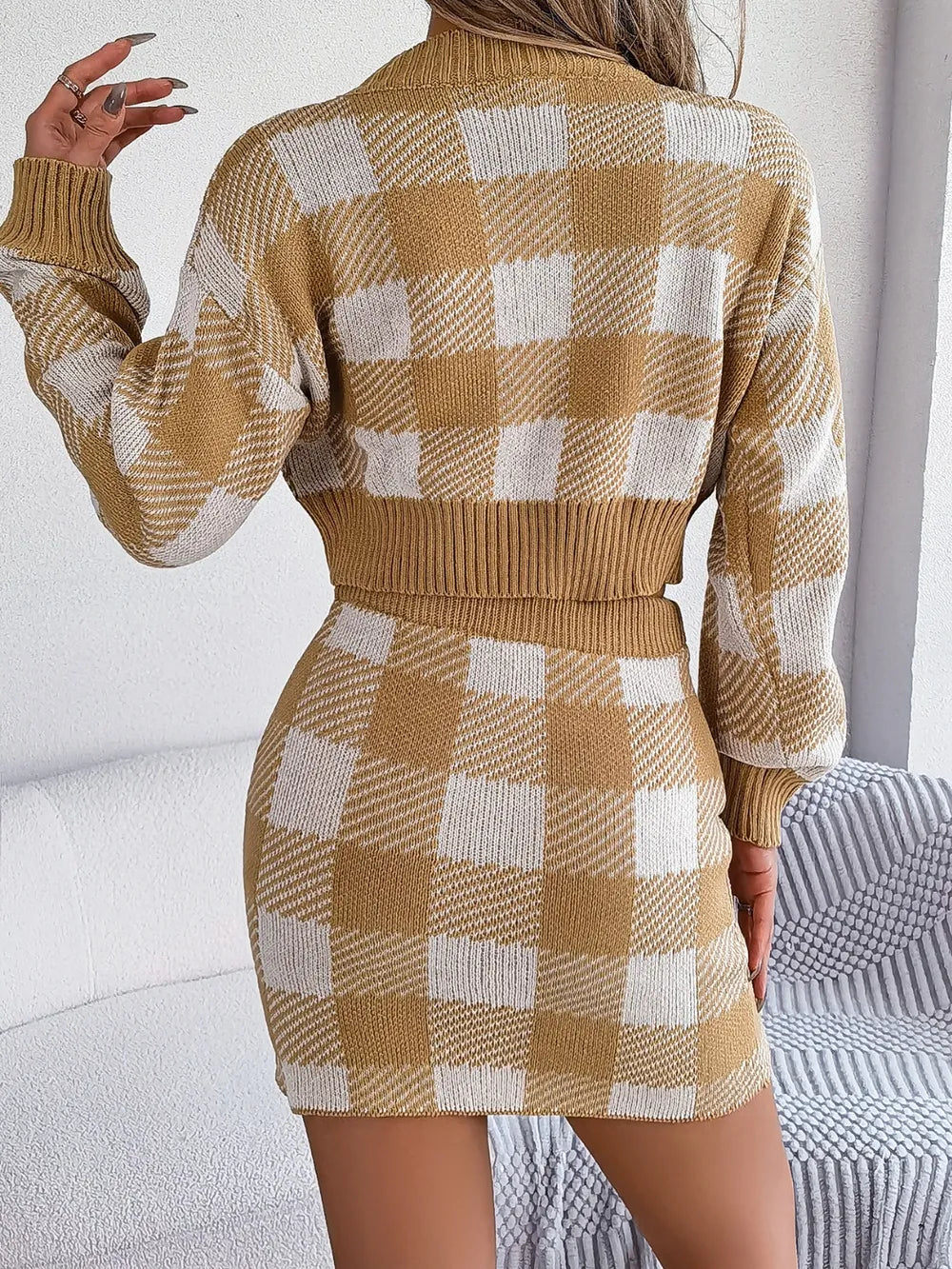 Plaid Round Neck Top and Skirt Sweater Set nicholesgifts