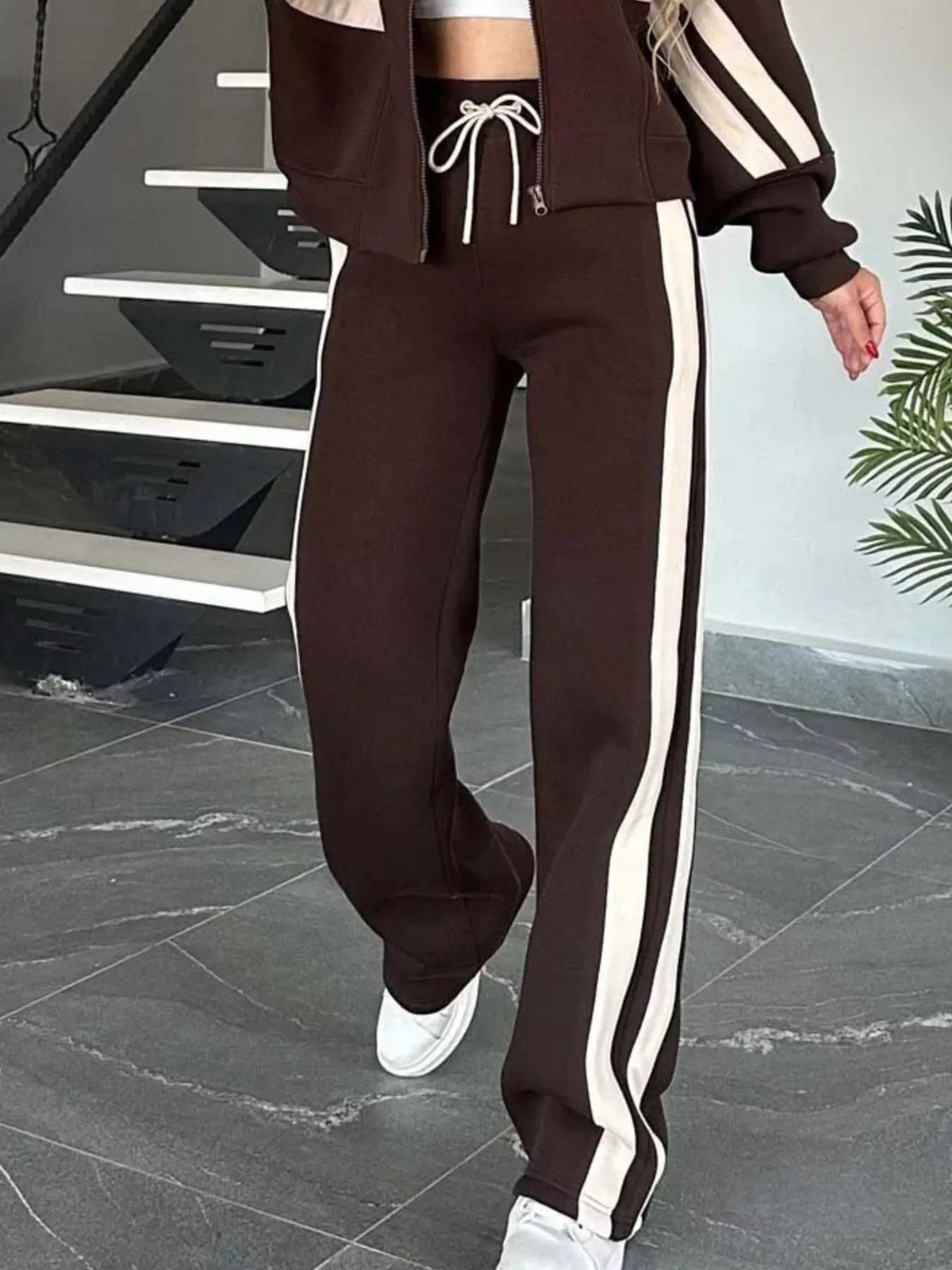 Full Size Contrast Stripe Zip Up Jacket and Pants Set Plus Size nicholesgifts