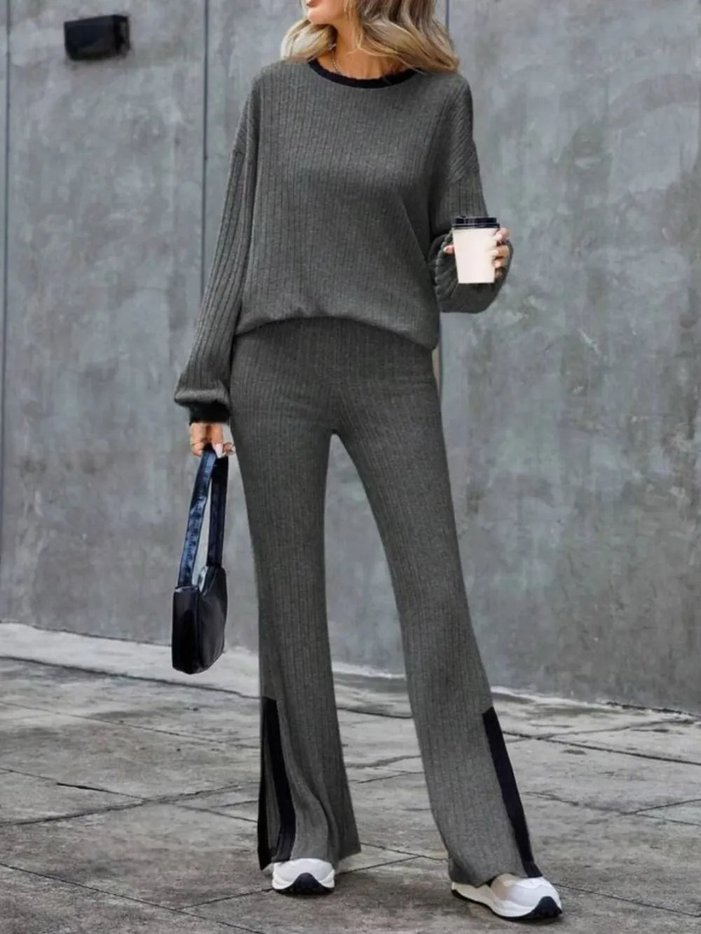 Contrast Round Neck Long Sleeve Top and Bootcut Pants Set nicholesgifts