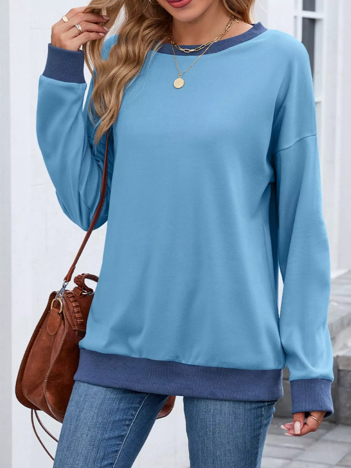 Contrast Trim Long Sleeve Sweatshirt Trendsi