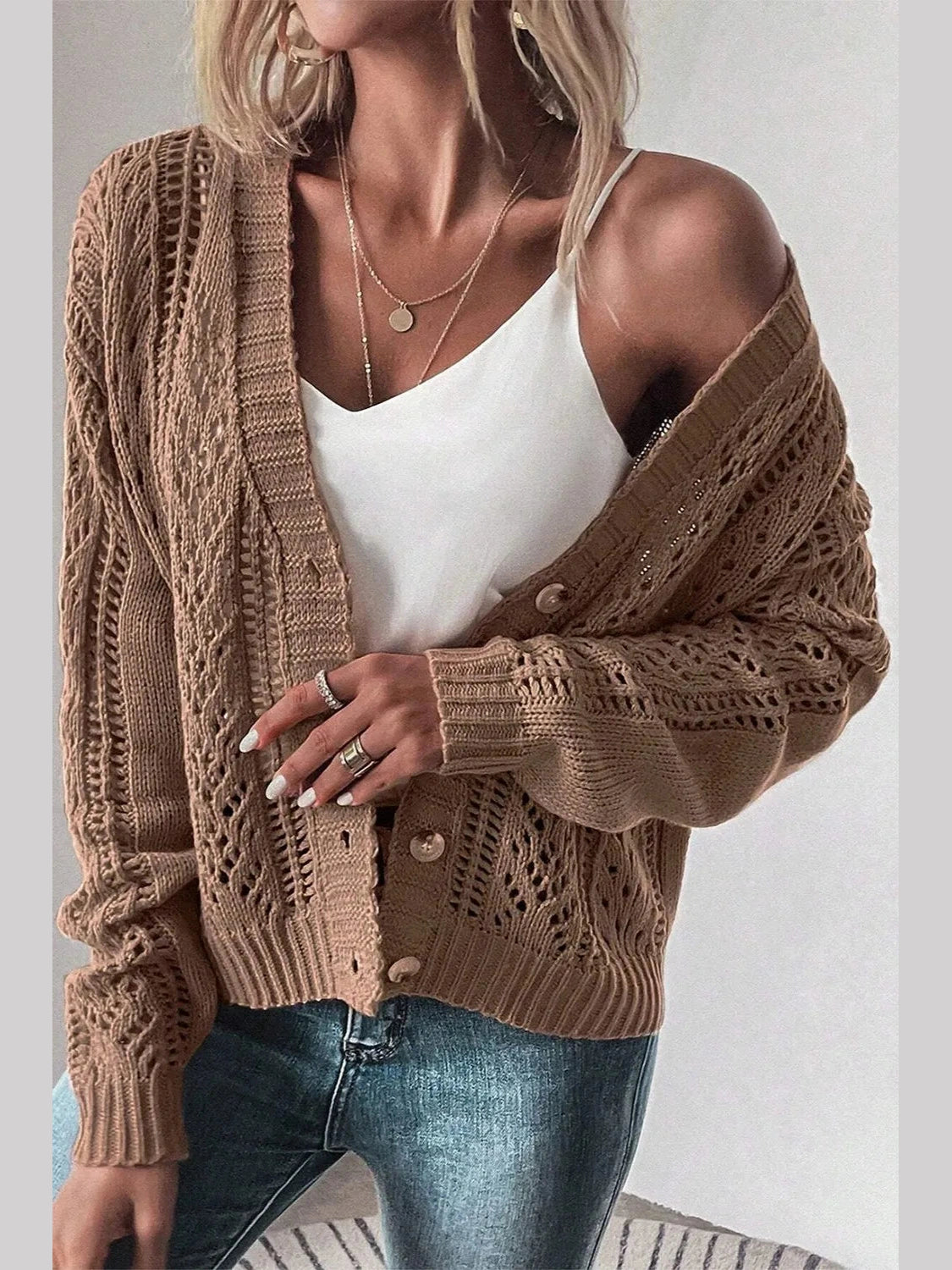 Openwork Button Up Long Sleeve Cardigan NicholesGifts