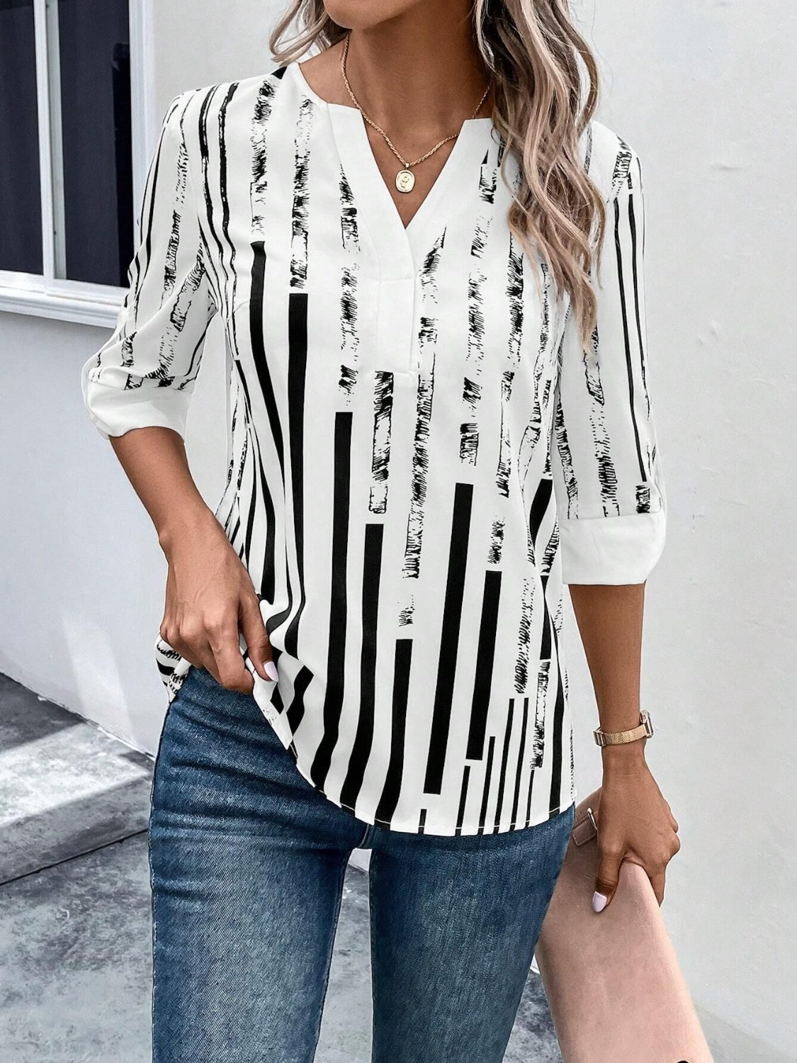 Striped Notched Half Sleeve Blouse nicholesgifts