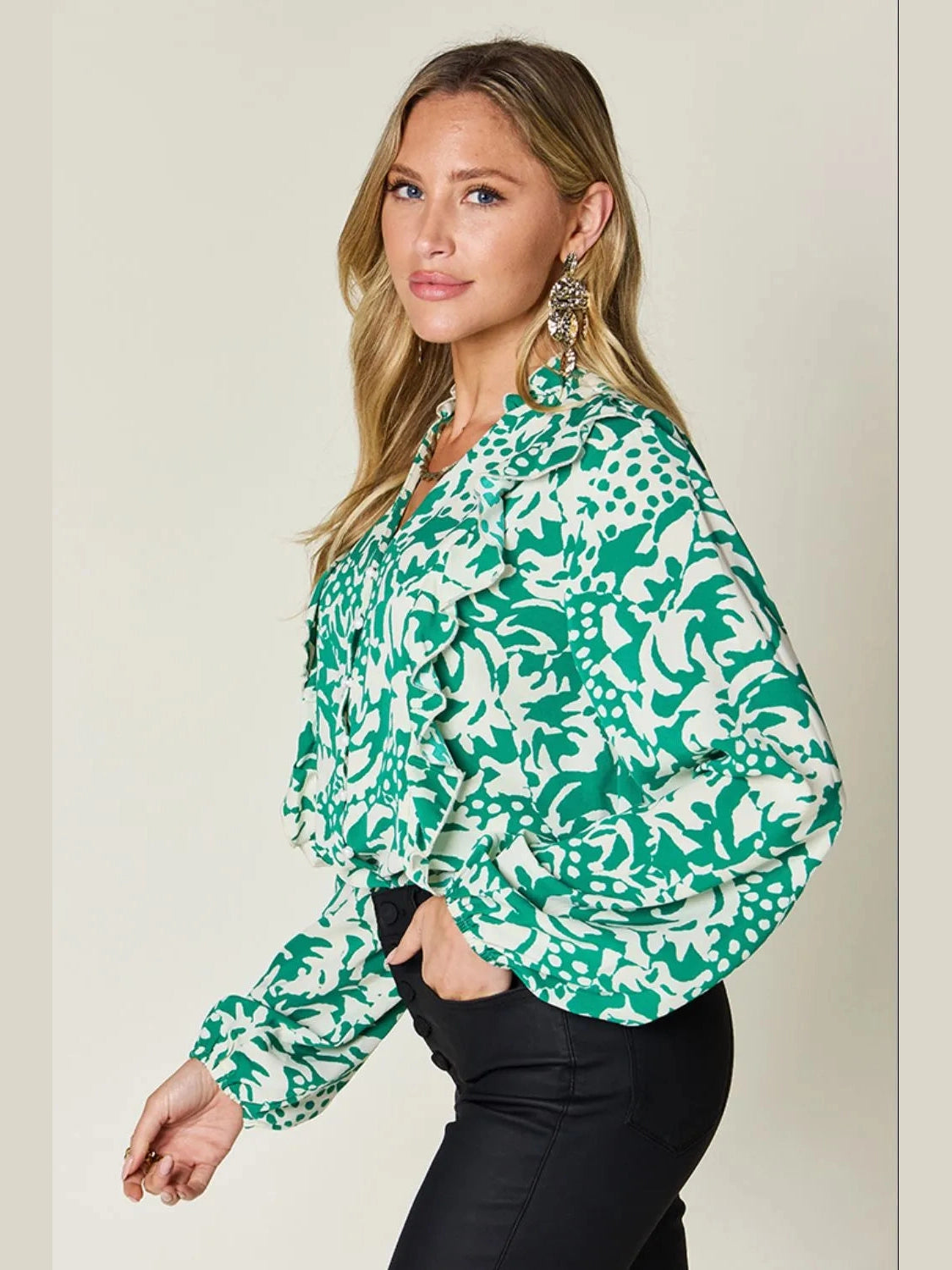 Double Take Full Size Printed Ruffle Trim Balloon Sleeve Shirt