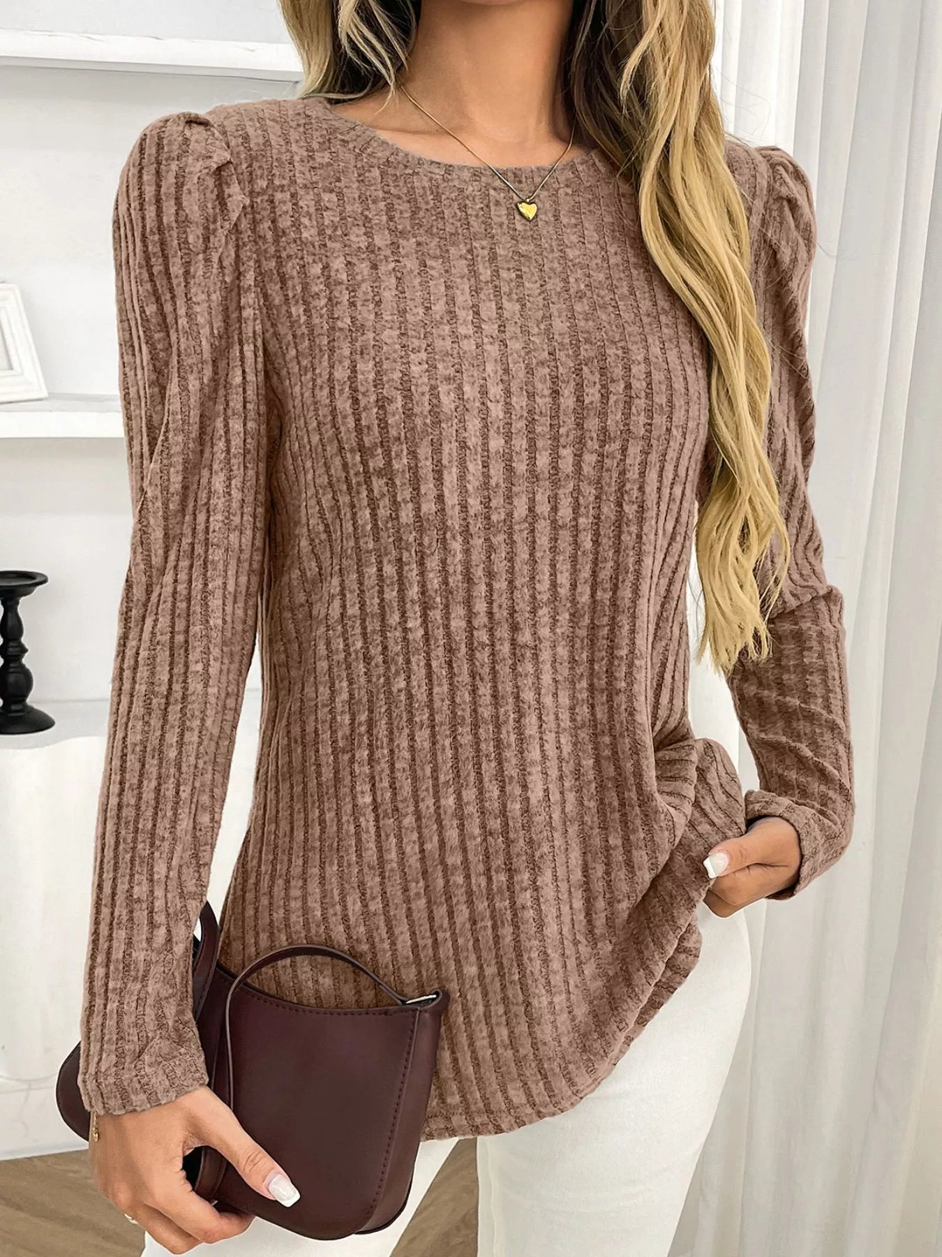Round Neck Puff Sleeve T-Shirt Trendsi