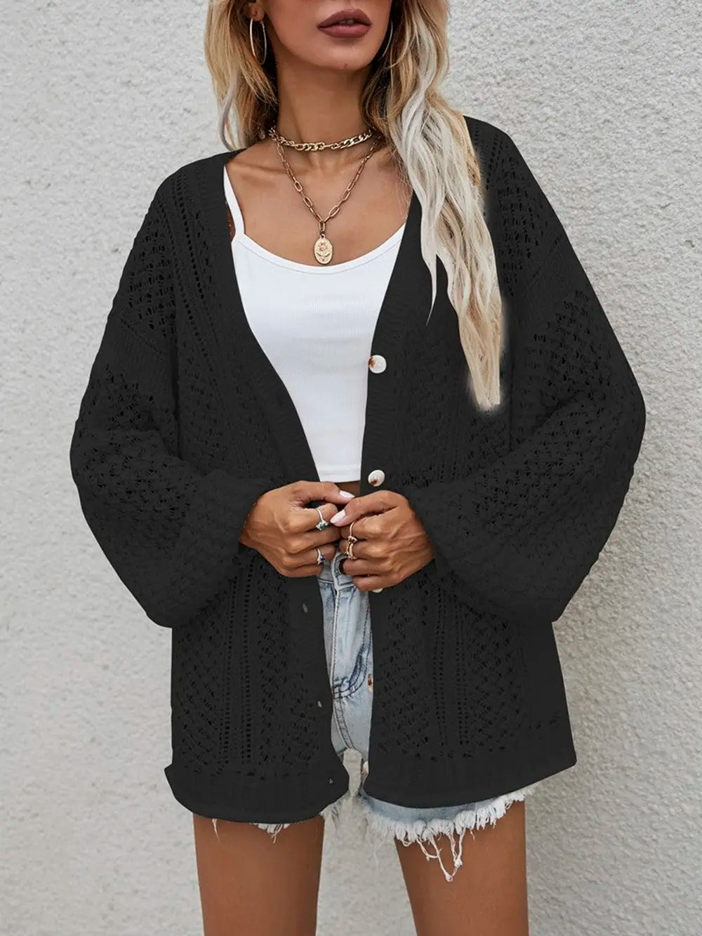 Openwork Button Front Cardigan nicholesgifts