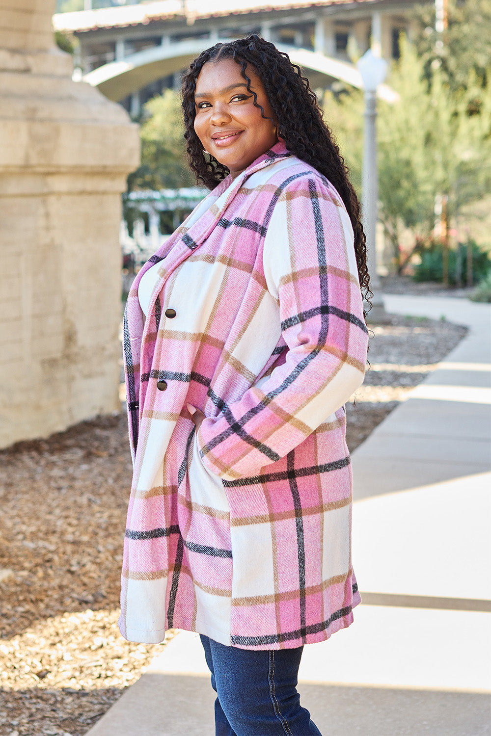 Double Take Full Size Plaid Button Up Lapel Collar Coat nicholesgifts