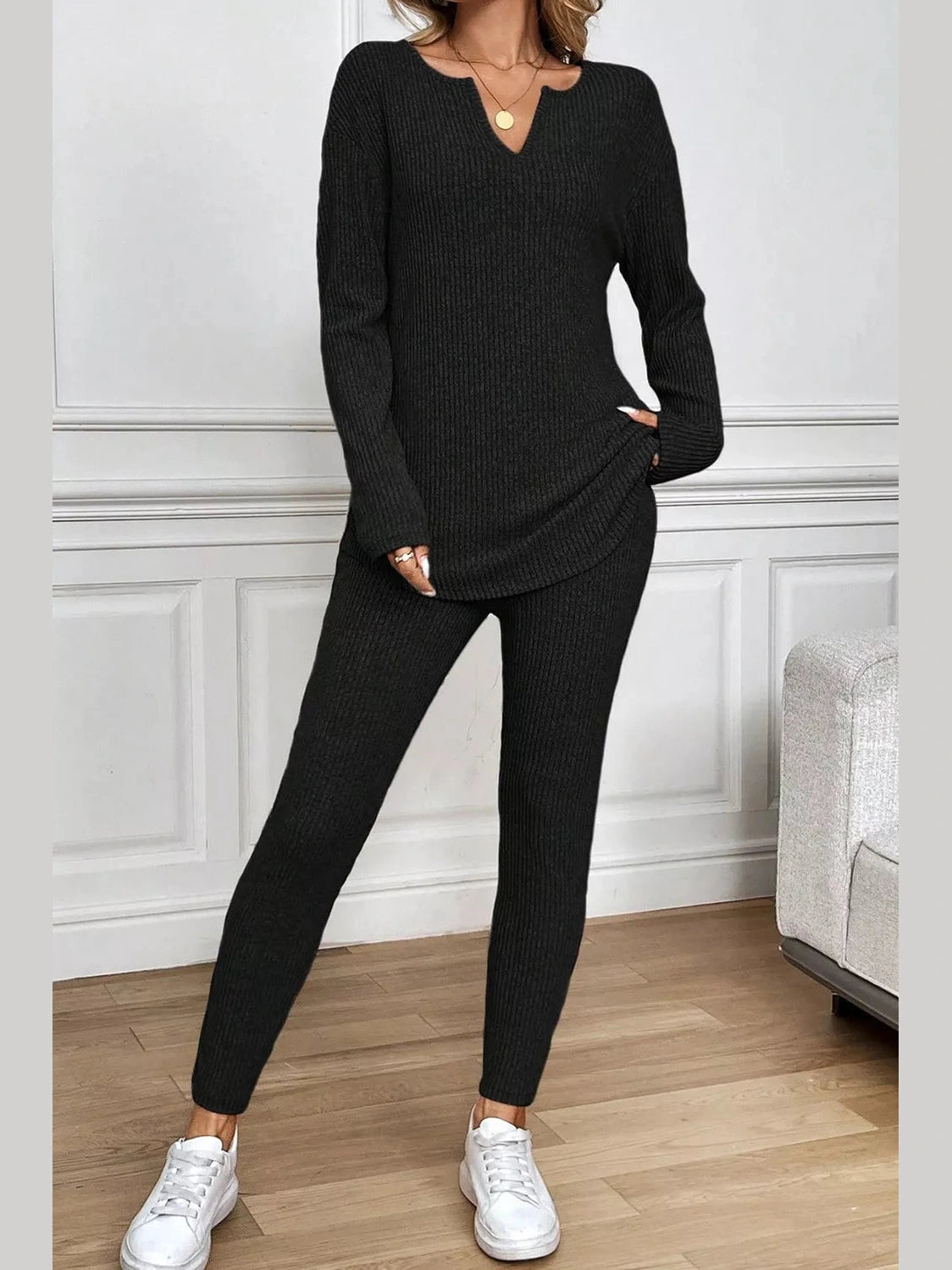 Notched Long Sleeve Top and Pants Set nicholesgifts