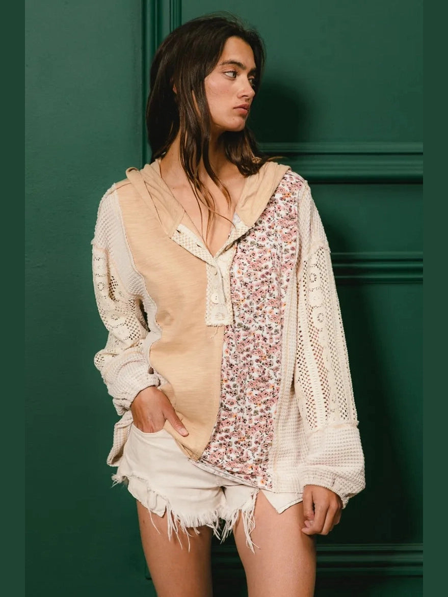 BiBi Slub Jersey with Lace Combo Buttoned Hoodie Top