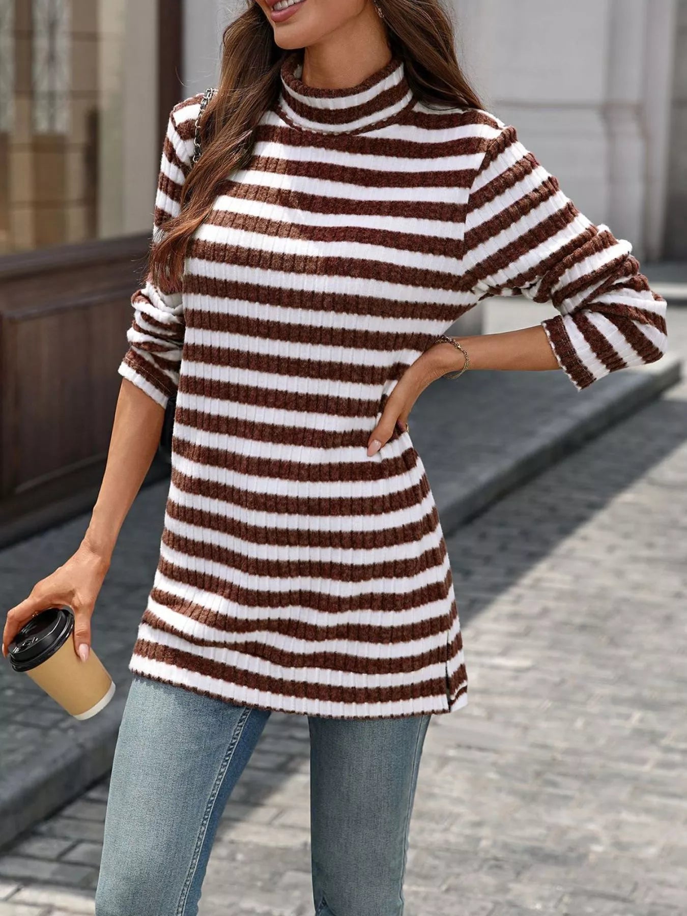 Striped Turtleneck Long Sleeve Knit Top Trendsi