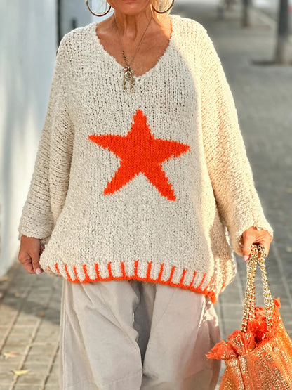 Star V-Neck Long Sleeve Oversize Sweater nicholesgifts