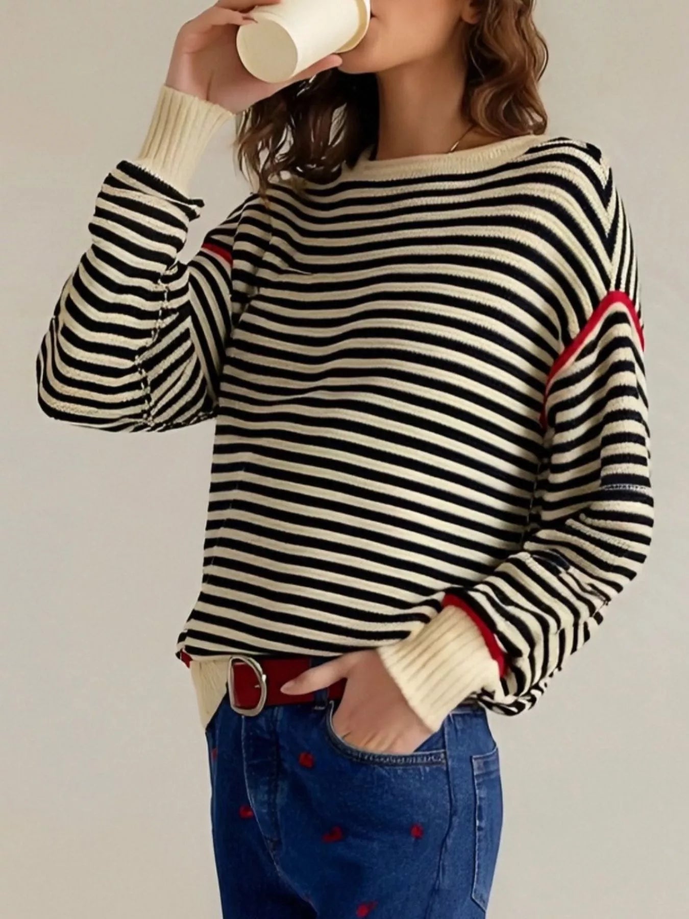 Striped Round Neck Long Sleeve Sweater Trendsi