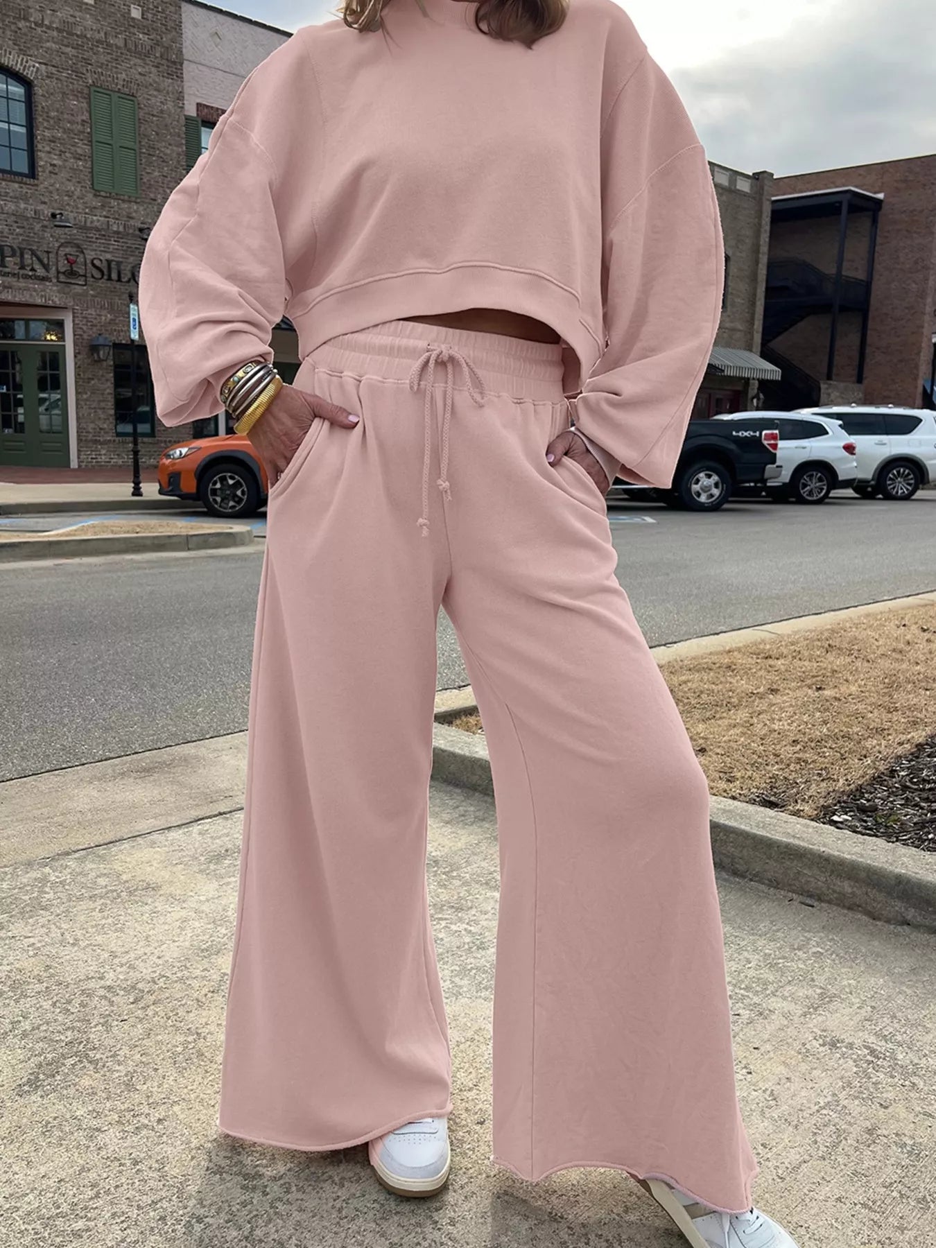 Drop Shoulder Puff Sleeve Crop Top and Drawstring Wide Leg Pants Set Trendsi