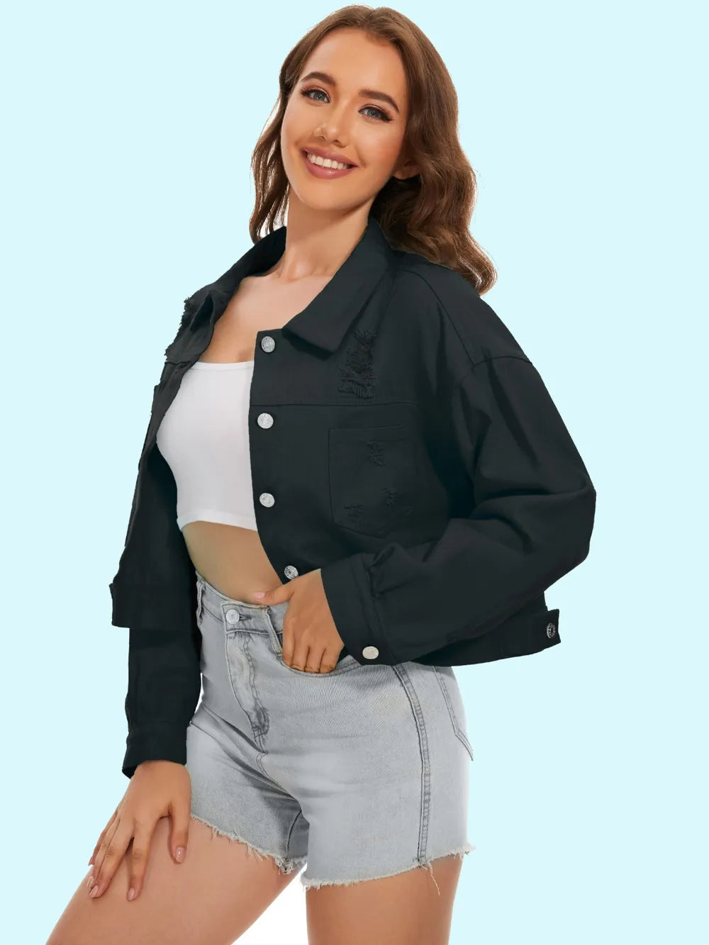 Distressed Distressed Button Up Denim Jacket nicholesgifts