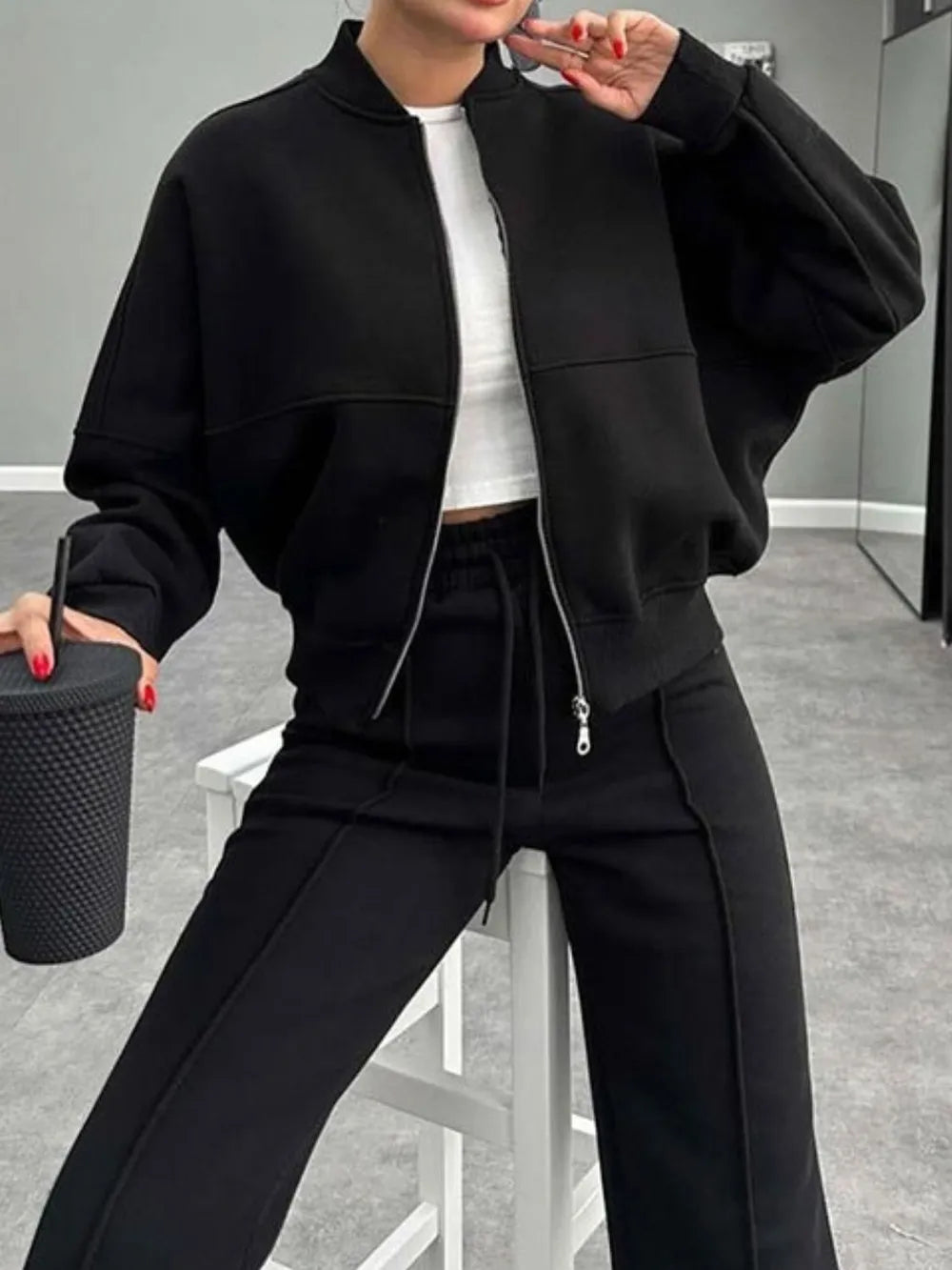 Baseball Collar Zip Up Outerwear and Drawstring Pants Set nicholesgifts
