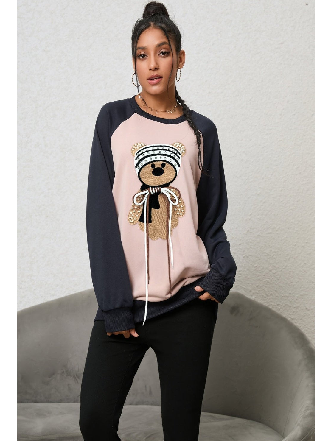 Women Bear Graphic Raglan Sleeve Sweatshirt nicholesgifts