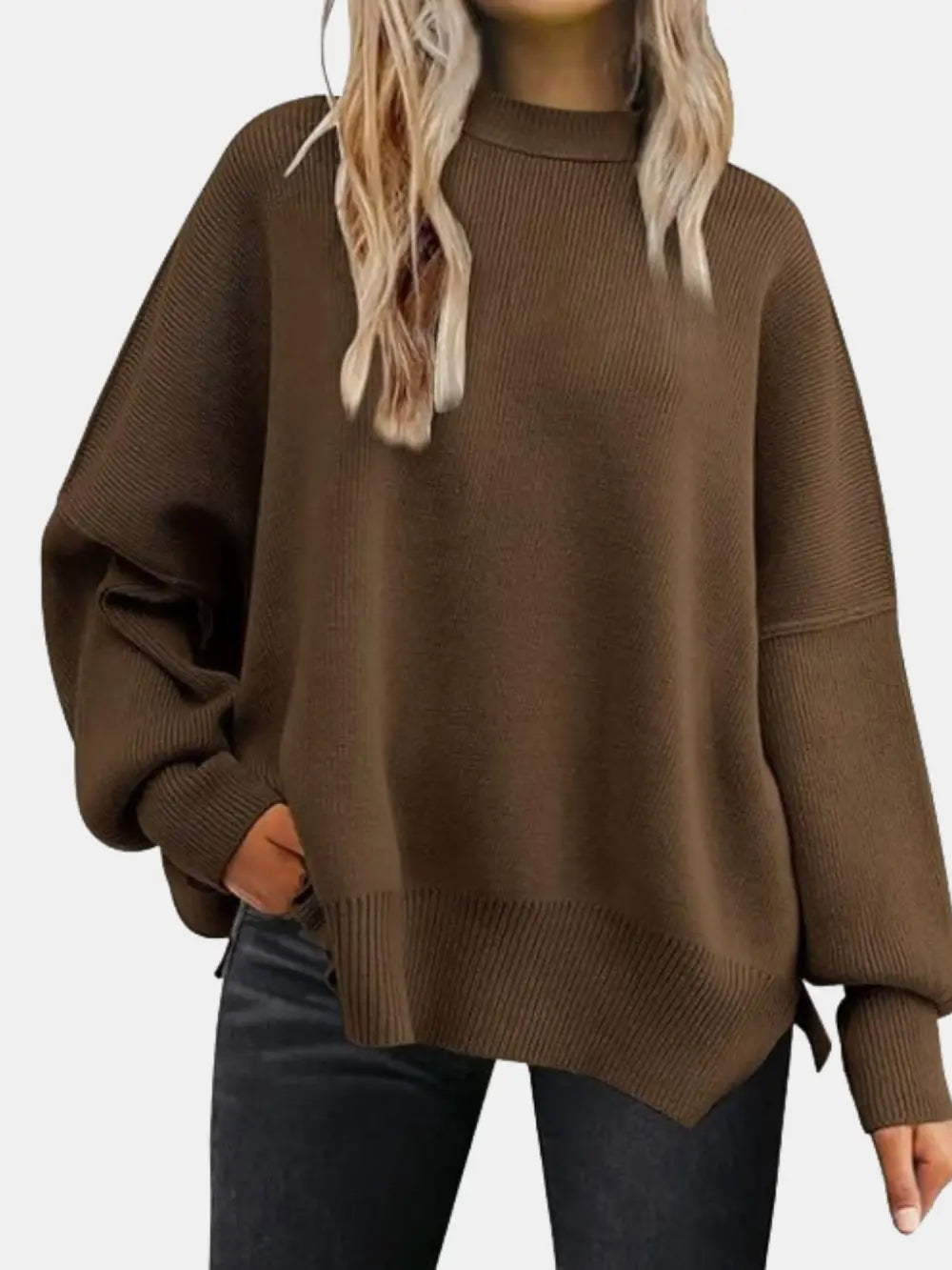 Round Neck Drop Shoulder Slit Sweater Trendsi