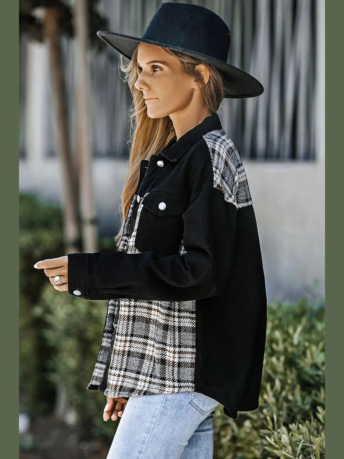 Plaid Pocketed Button Up Denim Jacket nicholesgifts