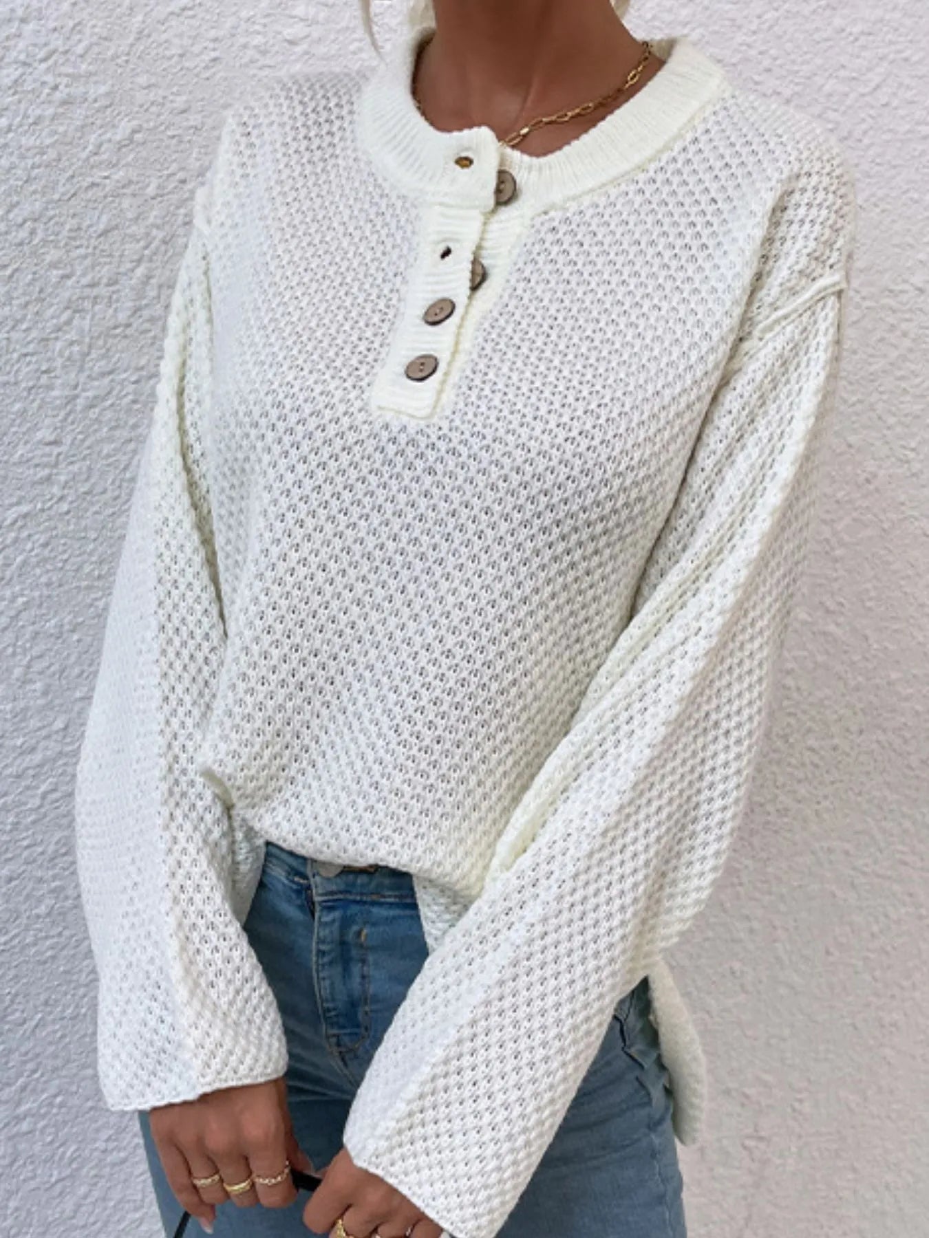 Women Button Detail Long Sleeve Knit Top