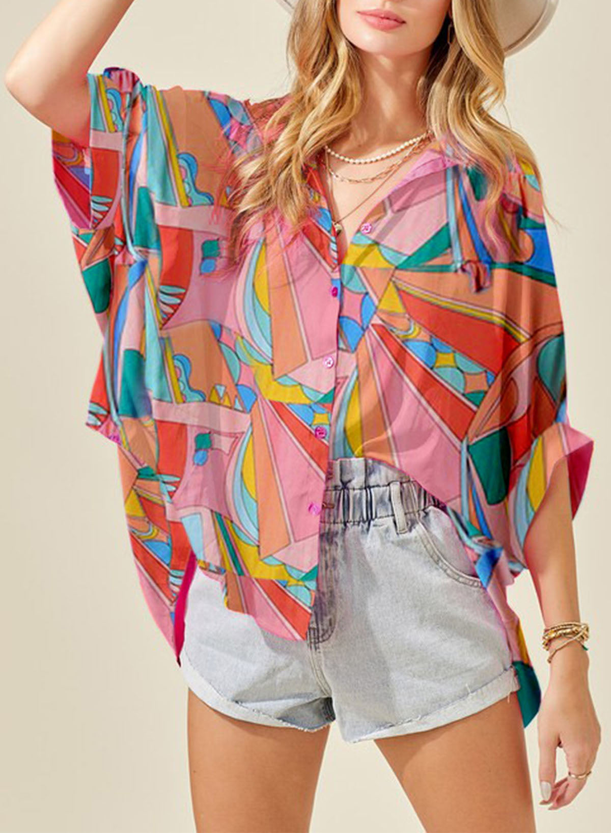 Printed Dolman Sleeve Collared Shirt nicholesgifts