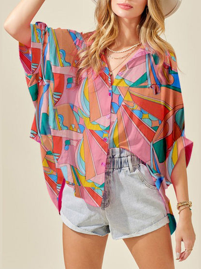 Printed Dolman Sleeve Collared Shirt nicholesgifts