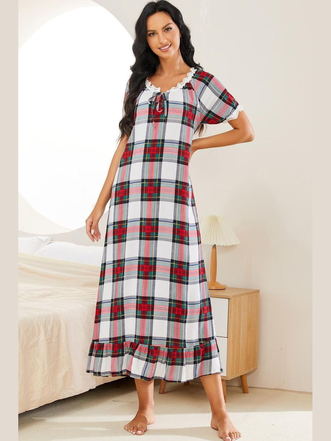 Plaid Lace Trim Ruffle Hem Night Dress nicholesgifts