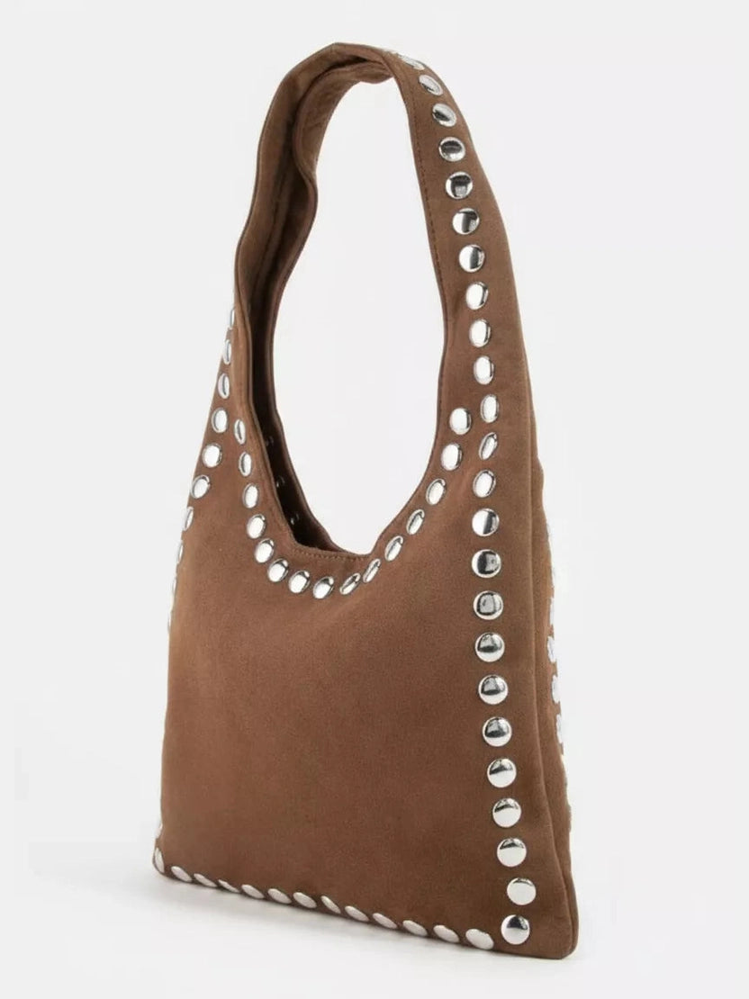 Fame Grommet Border Studded Suede Shoulder Bag nicholesgifts